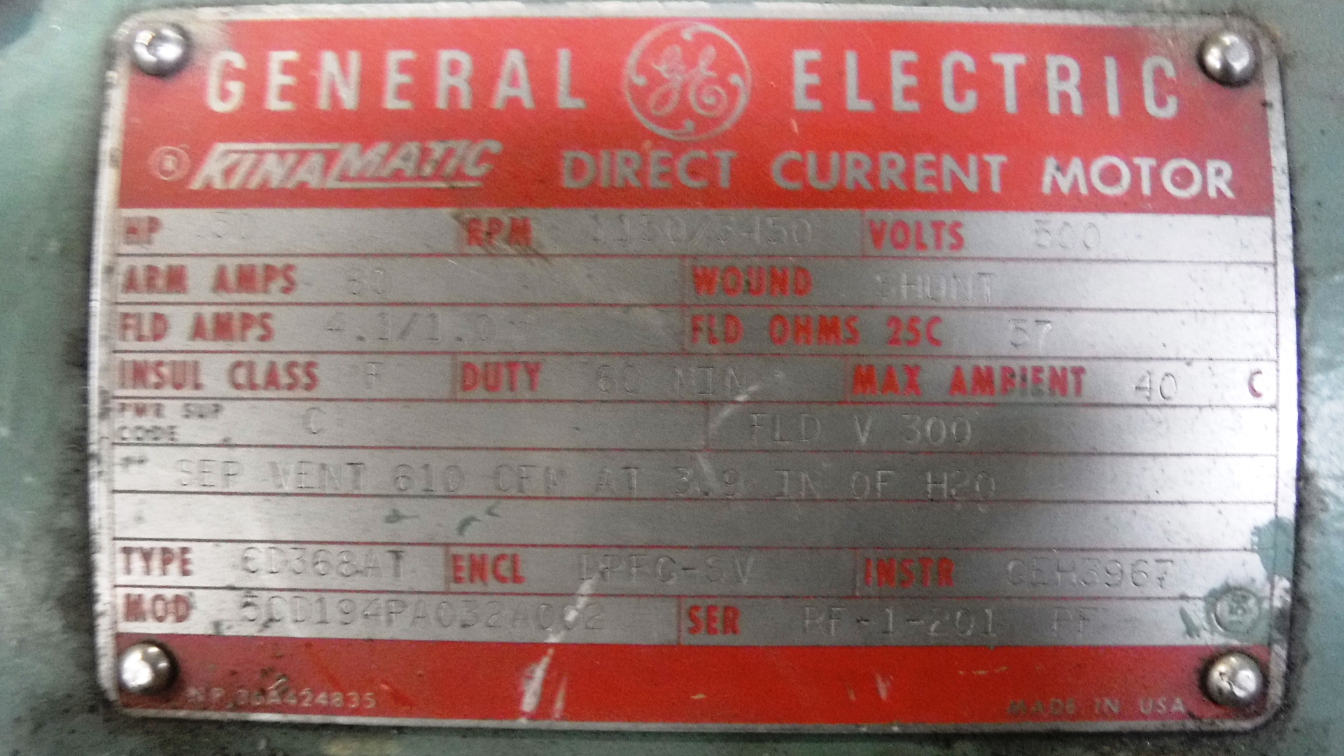 General Electric 50 HP 1150/3450 RPM 368AT DC Motors 82117